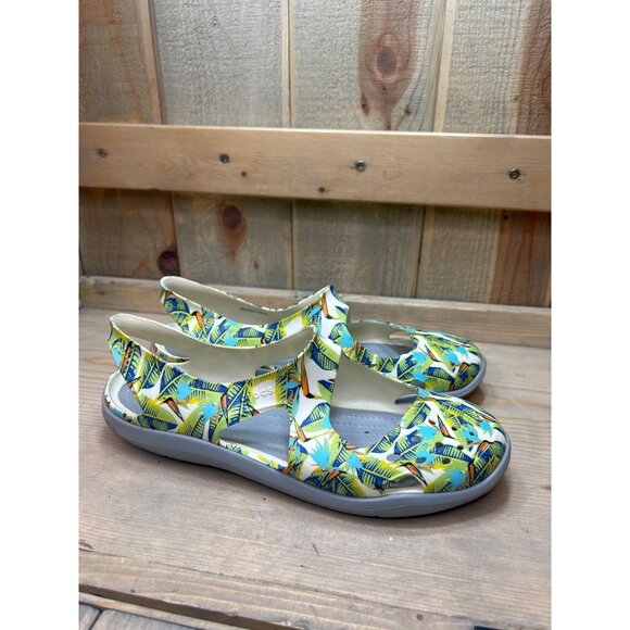 CROCS Iconic Comfort Swiftwater Wave Graphic Green Tropical Flats W9 US9 204770 - Picture 1 of 8